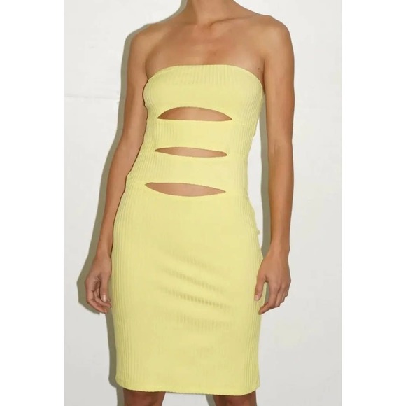 LNA Dresses & Skirts - LNA Irina Tube Dress Womens Medium Yellow Cut Out Ribbed Knit Knee Length NWT